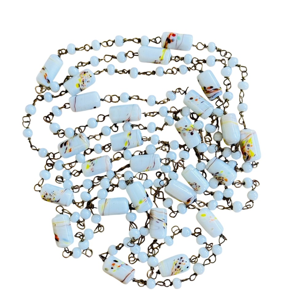 Flapper Art Deco Glass Necklace VTG Venetian Murano End of Day Long White 58"